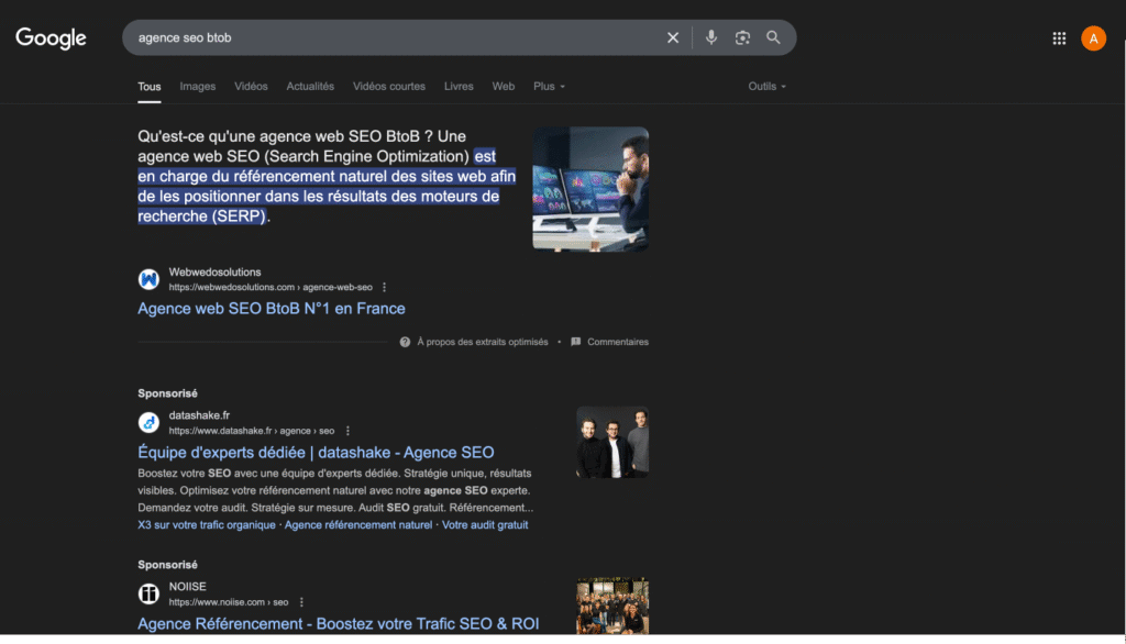 SERP : agence seo btob